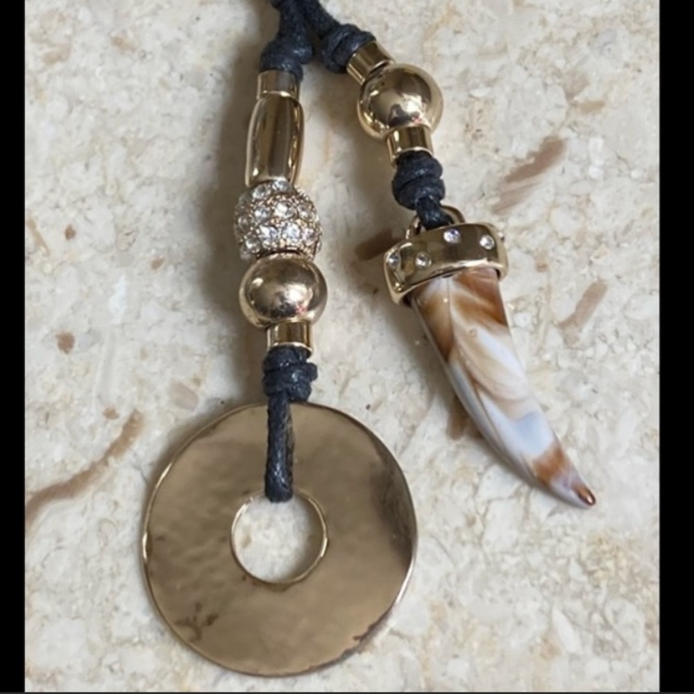 Chico’s Rope Necklace With Double Gold & Crystal Pendant Strands